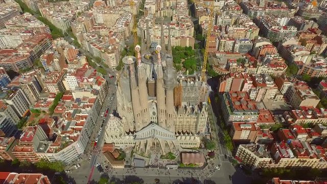 BARCELONA, SPAIN - 2016 OCTOBER 06: Aerial view La Sagrada Familia - the impressive cathedral designed by Gaudi