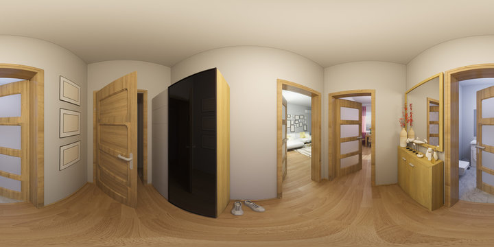 3d illustration 360 degrees panorama of hall interior design