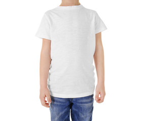 Obraz premium Cute boy in blank T-shirt isolated on white