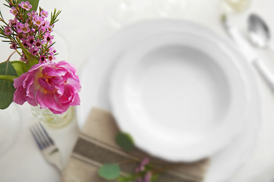 Table served for wedding dinner, closeup