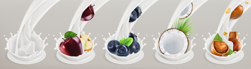 Fruit, berries and yogurt. Realistic illustration. 3d vector icon set 5