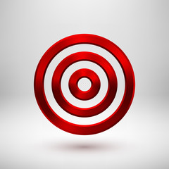 Red abstract circle geometric badge, technology perforated button template with metal texture, chrome, silver, steel, bronze and realistic shadow for logo, design, web, apps. Vector illustration.