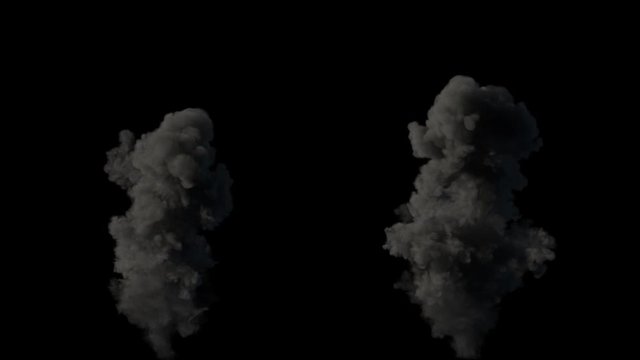 2 realistic fire blasts explosions with smoke in slow motion, impressive huge explosion , isolated on alpha channel with black and white matte, perfect for post-production, digital composition