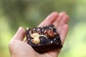 Hand holding brownie, decorated with hazelnuts. Selective focus.
