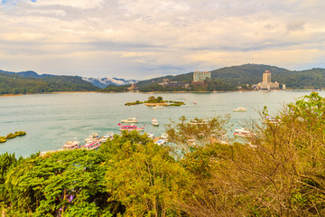 Beautiful scenic lake view of Sun Moon Lake from the entrance of Xuanzang Temple in Nantou County of Taiwan