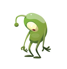 Vector cartoon image of funny green microbe with one big eye, with an antenna, with arms and legs, standing sad on a white background. Positive character. Creature. Vector illustration.