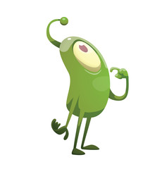 Vector cartoon image of funny green microbe with one big eye, with an antenna, with arms and legs, standing pensive on a white background. Positive character. Creature. Vector illustration.