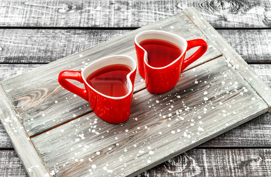 Heart cups red drink rustic wooden background