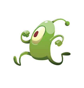 Vector cartoon image of funny green microbe with one big eye, with an antenna, with arms and legs, running somewhere on a white background. Positive character. Creature. Vector illustration.