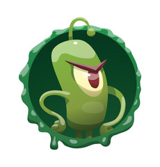 Vector round dark green frame with mucus and with cartoon image of funny green microbe with one large eye, with an antenna, with arms and legs, standing angry on a white background.