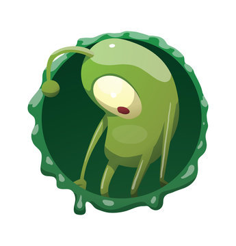 Vector round dark green frame with mucus and with cartoon image of funny green microbe with one large eye, with an antenna, with arms and legs, standing sad on a white background.