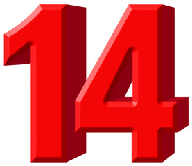 Numeral 14, fourteen, isolated on white background, 3d render