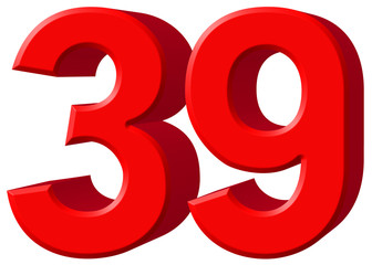 Numeral 39, thirty nine, isolated on white background, 3d render