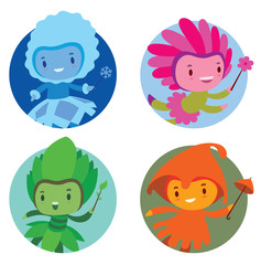 Obraz premium Vector set of round frames with cartoon images of cute fairies of the seasons: spring, summer, autumn and winter, with magic wands in their hands on a white background. Made in a flat style.