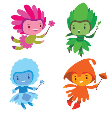 Vector set of cartoon images of cute fairies of the seasons: spring, summer, autumn and winter, flying and smiling with a magic wands in their hands on a white background. Made in a flat style.