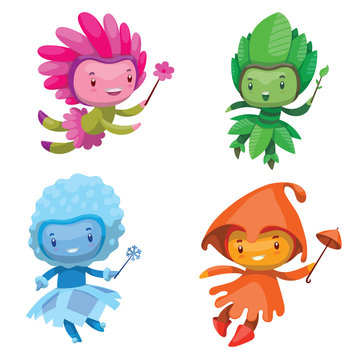Vector set of cartoon images of cute fairies of the seasons: spring, summer, autumn and winter, with magic wands in their hands on a white background. Vector illustration with shadows and highlights.