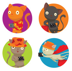 Vector set of round frames with cartoon images of cute cats tourists in various clothes with cameras in their paws in different poses on a white background. Vector illustration of a cat-traveler.