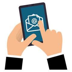 hand holding a smartphone device with envelope  icon on screen. over white background. colorful design. vector illustration