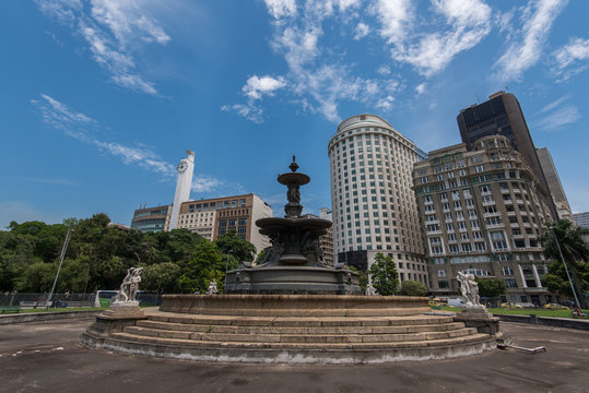 Empty Fountain at the Mahatma Gandhi Square and View of Office Buildings of Rio de Janeiro under the Clear Blue Sky