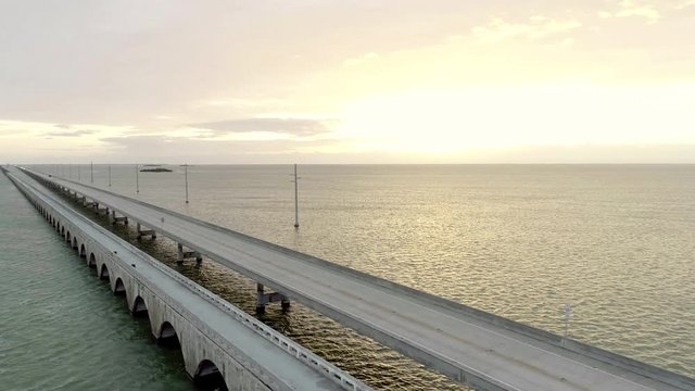Seven Mile Bridge Overseas Highway Florida Keys Aerial Sunrise Colorful View Seabird Flying By Close Up
