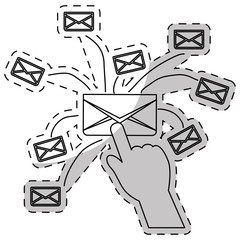 hand with envelope icons around over white background. vector illustration