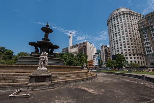 Empty Fountain at the Mahatma Gandhi Square and View of Office Buildings of Rio de Janeiro under the Clear Blue Sky