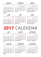 2017 Calendar On White Background. Week Starts Monday