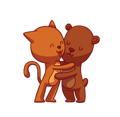 Vector cartoon image of cute animals: a red cat and a brown bear standing and hugging on a white background. Friendship, love. Hugging animals. Vector illustration.