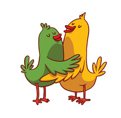 Vector cartoon image of cute animals: a green bird and a yellow bird standing and hugging on a white background. Friendship, love. Hugging animals. Vector illustration.