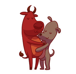 Fototapeta na wymiar Vector cartoon image of cute animals: a brown bull and a gray dog standing and hugging on a white background. Friendship, love. Hugging animals. Vector illustration.