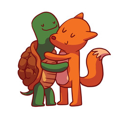 Vector cartoon image of cute animals: a green-brown turtle and a red fox standing and hugging on a white background. Friendship, love. Hugging animals. Vector illustration.