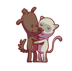 Obraz na płótnie Canvas Vector cartoon image of cute animals: a brown dog and a white-gray cat standing and hugging on a white background. Friendship, love. Hugging animals. Vector illustration.