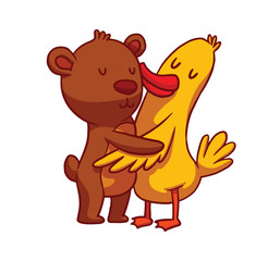 Vector cartoon image of cute animals: a brown bear and a yellow duck standing and hugging on a white background. Friendship, love. Hugging animals. Vector illustration.