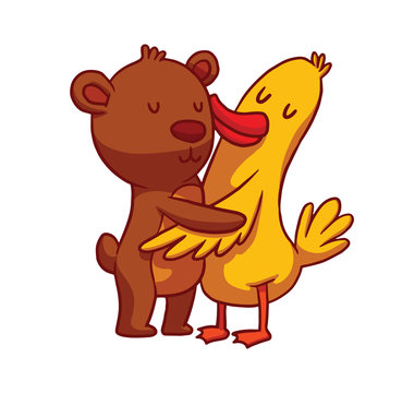 Vector cartoon image of cute animals: a brown bear and a yellow duck standing and hugging on a white background. Friendship, love. Hugging animals. Vector illustration.