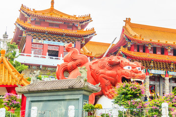 A Chinese Guardian Lion with the ball can be seen at the main entrance outside of Wenwu Temple in Puli County of Taiwan