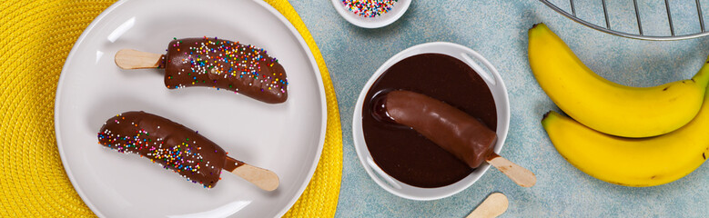 Banana Dessert Chocolate Banana Pops. Selective focus.