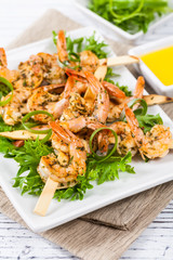 Grilled Shrimp Skewers Appetizer. Selective focus.