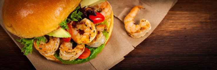 Shrimp Burgers. Panoramic image. Selective focus.