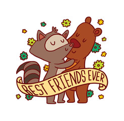 Vector emblem with banner, colorful flowers and with cartoon image of cute animals: a gray raccoon and a brown bear standing and hugging on a white background. Inscription 