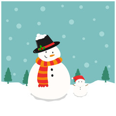 vector illustration of a snowman and tiny snowman on snowfall bacground