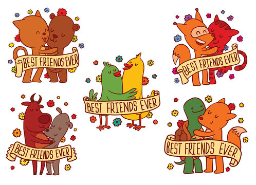 Vector set of color emblems with banners, with cartoon images of cute hugging animals: cat and bear, squirrel and tiger, two birds, bull and dog, turtle and fox on white background. Best friends ever.