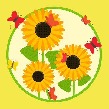 Illustration of sunflowers surrounded by butterflies with circle background