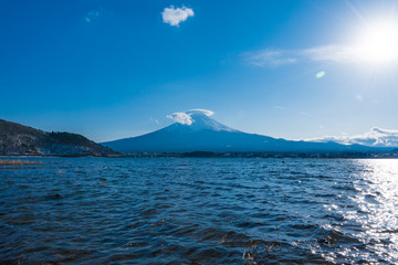Mt. Fuji in Winter with Lenticular Cloud – Scenic View with Lake Kawaguchi