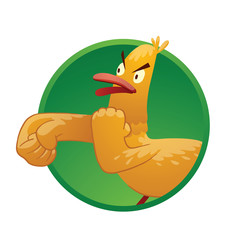 Vector round green frame with cartoon image of a funny yellow duck with red beak and paws, standing and going to fight with someone to the left in the center on a white background. Vector illustration