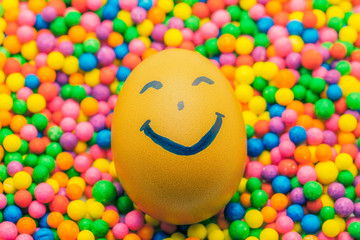 Brown chicken egg happy face on the colorful background 