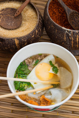 Noodle Soup with Egg and spices, Close Up View