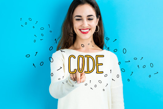 Code text with young woman