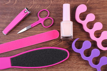 Fototapeta na wymiar Cosmetics and accessories for manicure or pedicure, concept of foot, hand and nail care