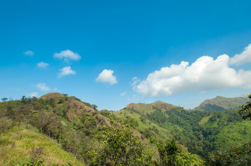 Fototapeta na wymiar Summer landscape. Green hill and blue sky in forest Thailand