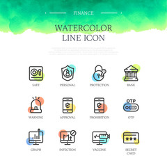 Banking Watercolor Line Icon Set